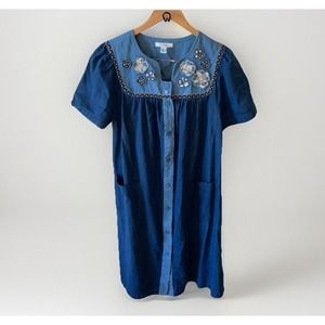 Go Softly Patio Dress Denim 100% Cotton Embroidered Snap Front w/ Pockets Size S